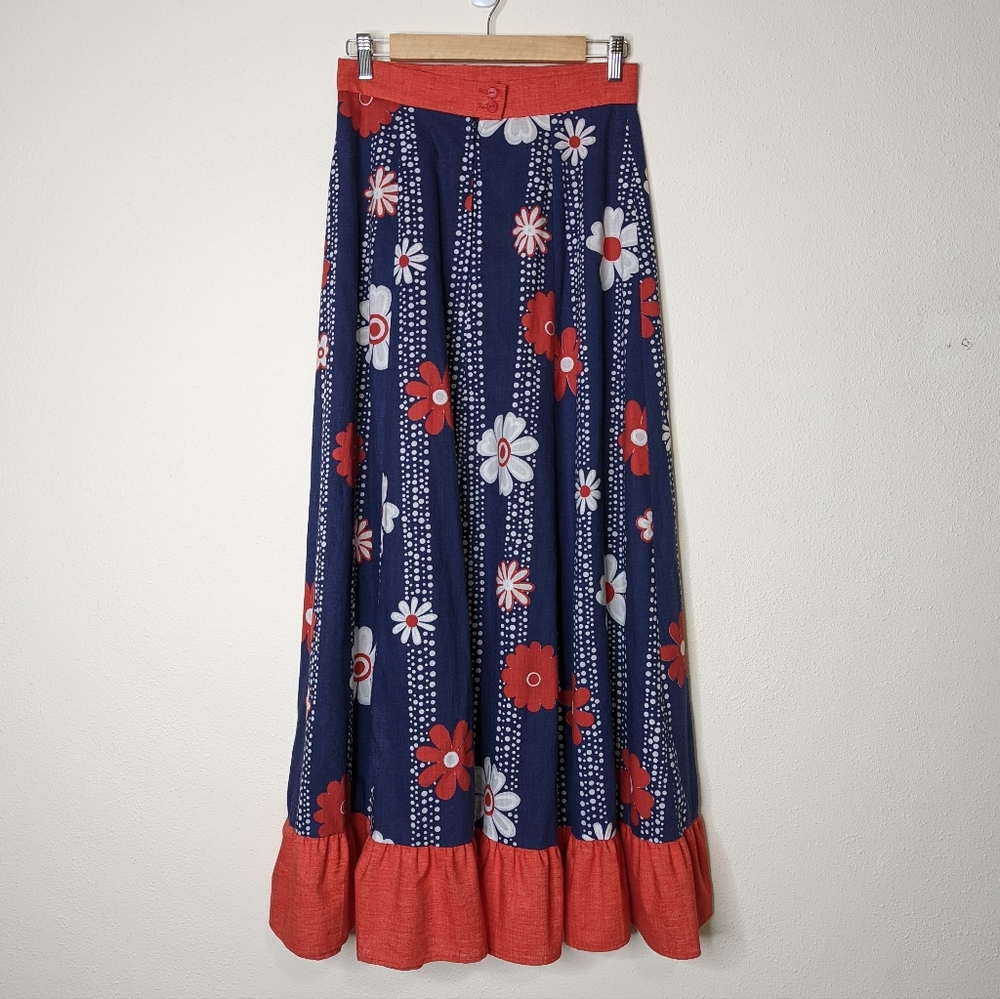 Vintage 70s Handmade Red White Blue Flower Power Maxi Skirt - Picture 7 of 10